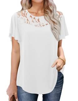 Amoretu Shirts Damen Sommer Rundhals Tshirt Mode Spitze Bluse Locker Tops Weiß L von Amoretu