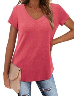 Amoretu Sommer Tunika Damen Elegant V Ausschnitt T-Shirt Weit Shirts Bluse Rosa M von Amoretu