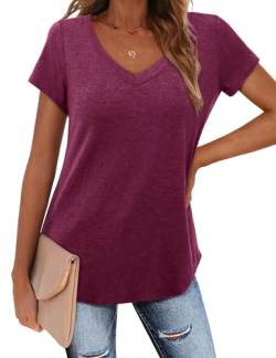 Amoretu T Shirt Damen Kurzarm Basic V-Ausschnitt Bluse Casual Locker Longshirt Weinrot XL von Amoretu