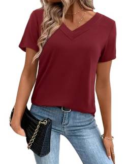 Amoretu T-Shirt Damen Kurzarm Sommer V Ausschnitt Shirts Plissee Blusen Weinrot L von Amoretu