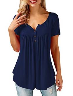 Amoretu T-Shirt Damen V-Ausschnitt Knopfleiste Bluse Solide Tunika Sommer Tops, M, A - Short Sleeve - Navy Blue von Amoretu