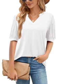 Amoretu Top Damen Schick V Ausschnitt Tshirt Lang Puffärmel Bluse T-Shirts Weiß XL von Amoretu