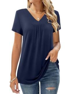 Amoretu Tshirt Damen V Ausschnitt Basic Oberteile Sommer Kurzarm Einfarbig Shirts, Marineblau XXL von Amoretu