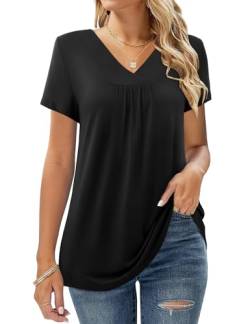 Amoretu Tunika Damen Kurzarm Elegant V Ausschnitt Shirts Sommerbluse Langes Tshirt, Schwarz XXL von Amoretu