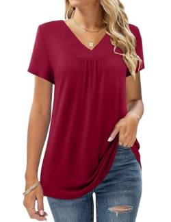 Amoretu Tunika Damen Sommer Kurzarm Shirt V Ausschnitt Oberteile Bluse, Weinrot M von Amoretu