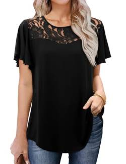 Amoretu Tuniken für Damen Elegant Spitze Tops Lässig Rüschen Kurzarm Bluse Schwarz L von Amoretu