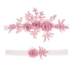 Amosfun 2pcs Hochzeit Strumpfband Blume Spitze Strass elastische Braut Strumpfbänder für Braut Brautjungfer Hochzeit zugunsten Dekoration dunkelrosa von Amosfun