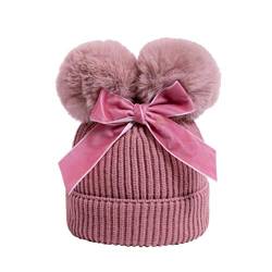 Amosfun Kinder pom pom Beanie Hut mit Schleife wintermütze für Kind Jungen mädchen Outdoor ski warme strickmütze (dunkelrosa) von Amosfun