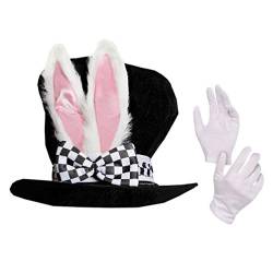 Amosfun Weiße Kaninchen Hut Handschuhe Samt Hase Hut mit Ohr Und Schleife Plüsch Party Hut mit Weißen Handschuhen für Ostern Wunderland Party von Amosfun