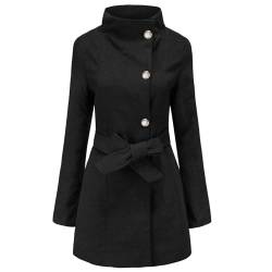 AmphaDeco Damen-Trenchcoat, modischer mittellanger, einfarbiger, schmaler Wollmantel, Revers Einreihiger Herbstmantel für Damen, Übergangsmantel,Schwarz,XXL von AmphaDeco