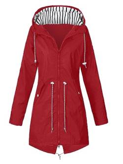 AmphaDeco Mode Damen Regenjacke, Outdoor Windbreaker Wasserdichte Atmungsaktive Übergroße Lange Jacke, Tasche Reißverschluss Kordelzug Jacke,Rot,5XL von AmphaDeco