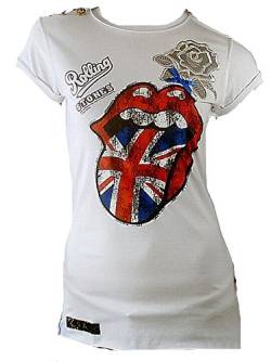 Amplified Elagantly Waisted Damen T-Shirt Weiss Official The Rolling Stones Union Jack UK England Zunge Vintage S von Amplified