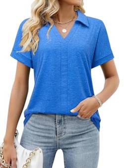 Amrto Blau Bluse Damen Kurzarm Elegant Sommer Tunika Klassische Blusenshirt Business Lässig Hemd Shirt Damenblusen Modern, L von Amrto