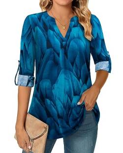 Amrto Blaues 3/4 ärmel Bluse Damen Elegant Blaue Damen V Ausschnitt Top Shirts Damen 3/4 Arm Shirt Damen Lässig Damenshirt Halbarm Kleidung Damen Mode Damen Top Elegant Business Outfit Damen, L von Amrto