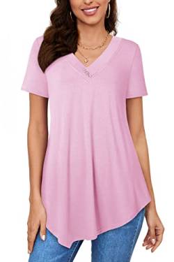 Amrto Blusen Damen Elegant Tunika V-Ausschnitt Lässig Oberteile Kurzarm Shirt Festlich T-Shirt Longtunika Damen Tops Sommer Hemd Basic Tops Longshirt Rosa, M von Amrto