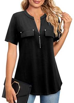 Amrto Damen Kurzarm T-Shirt Sommer Casual Reißverschluss Tunika Tops V-Ausschnitt Arbeiten Bluse Einfarbig, Schwarz, L von Amrto