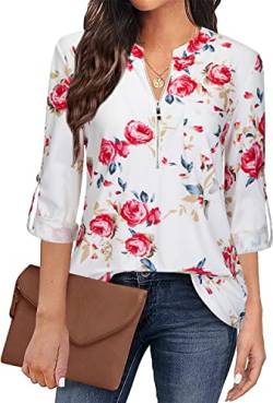 Amrto Damen V-Ausschnitt Blumenmuster Bluse Damen Elegant 3/4 Ärmel Reißverschluss Longbluse Tunika Casual Langshirt Hemd T-Shirt Tops Schicke Festliche Sommer Blusen, Rot Blumen XXL von Amrto