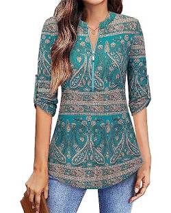 Amrto Damen V-Ausschnitt Blumenmuster Bluse Damen Elegant 3/4 Ärmel Reißverschluss Tunika Casual Langshirt Hemd T-Shirt Tops Schicke Festliche Blusen, Grün Paisley X-Large von Amrto