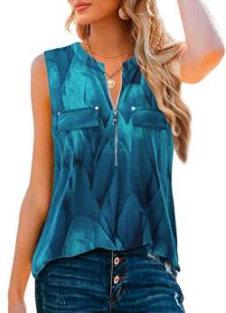 Amrto Damen V-Ausschnitt Bluse Ärmellose Sommer Tunika Elegant Festlich Oberteile T-Shirt Reißverschluss Tops Longshirt A-Linie Arbeit Hemdbluse Lässige Damenblusen Oversize Shirt Pfauenblau, XXXL von Amrto