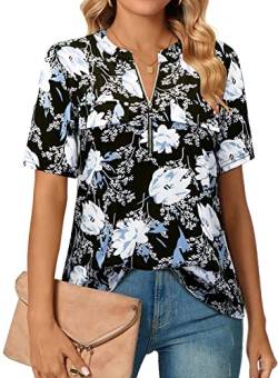 Amrto Damen V-Ausschnitt Bluse Kurzarm Tunika Oberteile Elegant T-Shirt Reißverschluss Sommer Tops Longshirt A-Linie Arbeit Hemd Lässige Damenblusen Oversize Shirt, Blumen Blau Weiß 3XL von Amrto