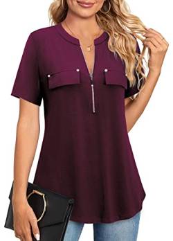 Amrto Damen V-Ausschnitt Shirt Kurzarm T-Shirt Casual Bluse mit Reißverschluss Tunika Tops, Wein XXXL von Amrto