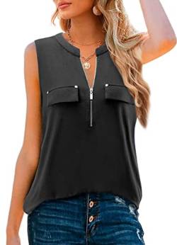 Amrto Damen V-Ausschnitt Shirts Ärmellose T Shirt Casual Bluse mit Reißverschluss Tunika Sommer Tops Damen Oerteile Elegant, Schwarz L von Amrto