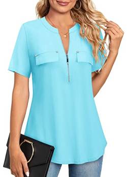 Amrto Damen V-Ausschnitt Sommer Shirt Kurzarm T-Shirt Casual Elegant Bluse mit Reißverschluss Tunika Tops, Hellblau XXL von Amrto