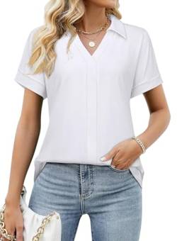 Amrto Frauen Kurzarmbluse Kleidung Shirt Elegant Tunika Sommermode Hemdbluse Blusenshirt mit Kragen Weiße Damen Damenblusen, XL von Amrto