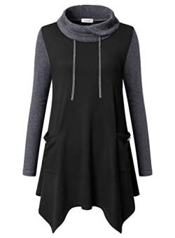 Amrto Langarm Pullover Damen Tunika Turtleneck Asymmetrische Saum Damenblusen Hoher Kragen Shirts Tops Lange Hemd Pullover Blusen & Tuniken mit Taschen, Schwarz & Grau S von Amrto