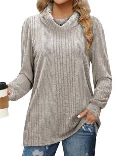 Amrto Longpullover für Damen Elegant Langarmshirt Lässig Tunika Pullover Langarm Strickpullover Locker Rollkragenpullover Winter, Beige/Hellbraun, XL von Amrto