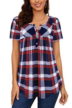 Amrto T-Shirt Damen V-Ausschnitt Tunika Tops Knöpfe Bluse Henley Kurzarm Shirts Sommer Oberteile(Rot Plaid, Small) von Amrto