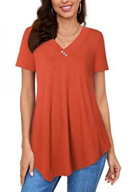 Amrto T-Shirt Damen V-Ausschnitt Tunika Tops Knöpfe Bluse Kurzarm Asymmetrisch Shirts Sommer Oberteile, Orange M von Amrto