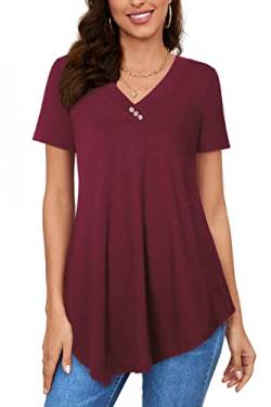 Amrto T-Shirt Damen V-Ausschnitt Tunika Tops Knöpfe Bluse Kurzarm Asymmetrisch Shirts Sommer Oberteile, Wein S von Amrto