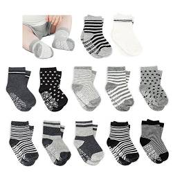 Amteker 12 Paar Baby Socken, Anti Rutsch Socken Baby aus Baumwolle, 10-36 Monate Baby Mädchen und jungen Baby ABS Socken Kinder, little, Schwarz von Amteker