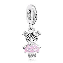 Amuefer Pink Little Girl Charms für Armbänder 925 Sterling Silber mit Cubic Zirkonia Bead für Halsketten Geburtstag Weihnachten Schmuck Geschenke für Frauen Mädchen von Amuefer