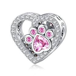 Amuefer Pink Paw Print Heart Charms für Armbänder 925 Sterling Silber mit Cubic Zirkonia Anhänger für Halsketten Geburtstag Weihnachten Schmuck Geschenke für Frauen Mädchen von Amuefer