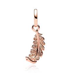 Amuefer Rose Gold Feather Charms für Armbänder 925 Sterling Silber mit Cubic Zirkonia Bead für Halsketten Geburtstag Weihnachten Schmuck Geschenke für Frauen Mädchen von Amuefer