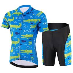 Amur Leopard Kinder Radtrikot Set Jungen Radsport Bekleidung Mädchen Fahrrad Trikot Kurzarm & Kurz Radhose mit Sitzpolster, Blau-Krokodil, 116 (Etikettgröße: M) von Amur Leopard