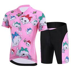 Amur Leopard Kinder Radtrikot Set Jungen Radsport Bekleidung Mädchen Fahrrad Trikot Kurzarm & Kurz Radhose mit Sitzpolster, Rosa-Katze, 146 (Etikettgröße: XXL) von Amur Leopard