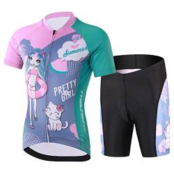 Amur Leopard Kinder Radtrikot Set Jungen Radsport Bekleidung Mädchen Fahrrad Trikot Kurzarm & Kurz Radhose mit Sitzpolster, Rosa-Mädchen, 152-158 (Etikettgröße: 3XL) von Amur Leopard