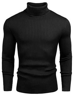 Amussiar Herren Schwarz Rollkragenpullover Gerippt Casual Pullover Sweater Basic Strickpullover, schwarz-gerippt, L von Amussiar