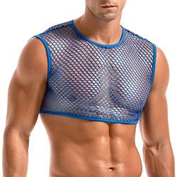 Amy Coulee Herren Fischnetz Crop Top Sexy Mesh Weste Durchsichtig Ärmellos Shirts Muskel Tank Top Neuheit Party Clubwear, blau, M von Amy Coulee