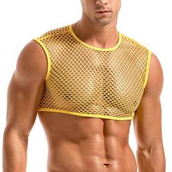 Amy Coulee Herren Fischnetz Crop Top Sexy Mesh Weste durchsichtig ärmellos Shirts Muskel Tank Top Neuheit Party Clubwear, gold, S von Amy Coulee