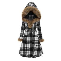 AmyGline Damen Wintermantel mit Kunstpelz Kapuze Gothic Retro Karierte Winter Jacke Parka Mantel Kleid Trenchcoat Winterjacke von AmyGline