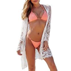 AmyGlineDamen Spitzen Bluse Tops Strand Badeanzug Bedecken Pareos Kimono Bikini Cover up/Spitze Perspektivische Strickjacke/Strand Sonnencreme Bluse/Lace Strandkleid, Weiß, XL von AmyGline