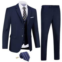 Amyox Herren Slim Fit 3-teiliger Anzug Zwei Knöpfe Business Hochzeitskleid Tux Anzug Set Jacke Weste Hosen mit Krawatte, navy, M von Amyox