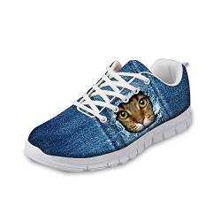 Amzbeauty Atmungsaktive Damen-Sneaker mit Tiermotiv, Schlupfschuhe, flache Loafers, Katzen- und Hunde-Aufdruck, in Denim-Taschen, Blau - Muster 7 - Größe: 37 EU von Amzbeauty