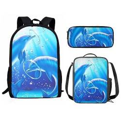 Amzbeauty Fox Rucksack und Lunchbox für Kinder Jungen Mädchen Rucksack für Grundschule 3 in 1 Back to School Sets, Delfin von Amzbeauty