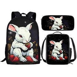 Amzbeauty Galaxy Cat Rucksack und Lunchtasche Set für Mädchen, 3-teiliges Katzen-Büchertaschenset, Grundschule, hase von Amzbeauty