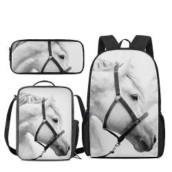 Amzbeauty Katzenrucksack Set für Mädchen Grundschule Mittelschüler 3 in 1 Rucksack und Lunchbox Bleistift Tasche Anzug, Weißes Pferd von Amzbeauty